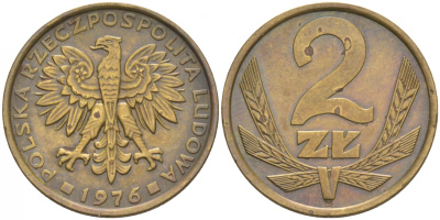 Польша 2 злотых 1976 Ленинградский монетный двор (ЛМД) KM 80.1, Parchimowicz 217b латунь 68-452