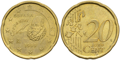 Испания 20 евроцентов 1999 KM 1044 латунь 4143-1212