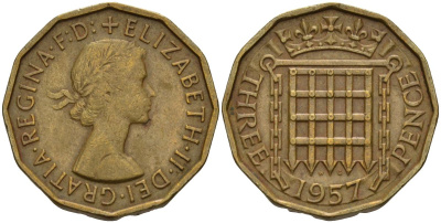 Великобритания 3 пенса 1957 Елизавета II (1952-2022) KM 900, Spink 4153 никель латунь 4153-735