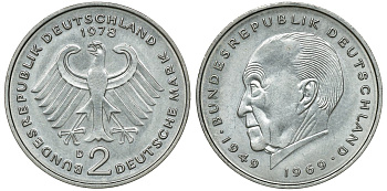 ФРГ 2 МАРКИ 1978 D, КОНРАД АДЕНАУЭР KM 124, J. 406 медно-никель плакированный никелем плакированный никелем UNC 72-517