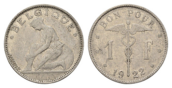 Бельгия 1 франк 1922 Belgique, Альберт I (1910-1934) KM 89 никель 3336-615