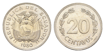 Эквадор 20 сентаво 1980 KM 77.2a сталь плакированная никелем UNC 4664-418