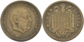 Испания 1 песета 1953 Франсиско Франко (1939 - 1975) KM 775 алюминиевая бронза 4155-327