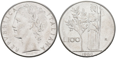 Италия 100 лир 1980 R, АФИНА У ОЛИВКОВОГО ДЕРЕВА KM 96.1 нержавеющая сталь 4572-936