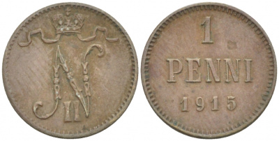 РОССИЯ ДЛЯ ФИНЛЯНДИИ 1 ПЕННИ 1915 НИКОЛАЙ II KM 13, Биткин 475 медь 4396-1445