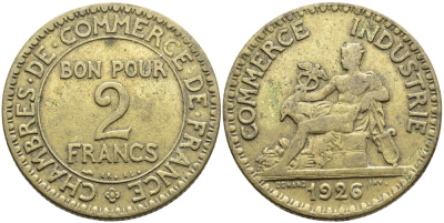 ФРАНЦИЯ 2 ФРАНКА 1926 KM 877 алюминиевая бронза 3334-833