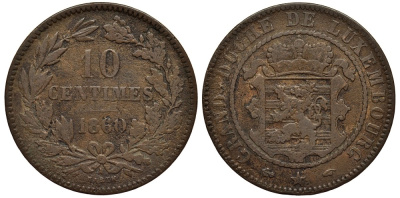 ЛЮКСЕМБУРГ 10 САНТИМОВ 1860 А, ГЕРЦОГ ВИЛЛЕМ III НИДЕРЛАНДСКИЙ (1849-1890), МОНДВОР ПАРИЖ КМ 23.2 бронза 4536-431