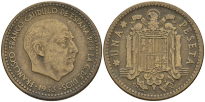 Испания 1 песета 1953 Франсиско Франко (1939 - 1975) KM 775 алюминиевая бронза 4155-327