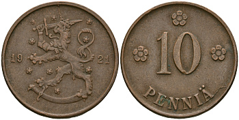 Финляндия 10 пенни 1921 республика (1918-1962) KM 24 медь 08-1053