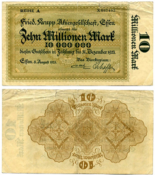 Эссен 10000000 марок (10 миллионов) 1923 8 августа 1923 - 31 декабря 1923, нотгельд, земля Северный Рейн-Вестфалия, НОМЕР ЧЕРНЫЙ, REIHE А Keller 1429k бумага 7191-42-1-2
