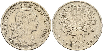 Португалия 50 сентаво 1961 голова свободы вправо KM 577 медно-никель 4573-525