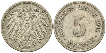 Германия 5 пфеннигов 1911 A KM 11, J. 12, Weege 6 медно-никель 206-966
