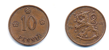Финляндия 10 пенни 1935 республика (1918-1962) KM 24 медь 51-5453