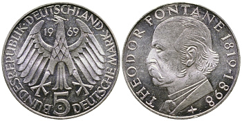 ФРГ 5 марок 1969 G, 150 лет со дня рождения Теодора Фонтана J. 399, KM 125.1 серебро UNC 413-6635