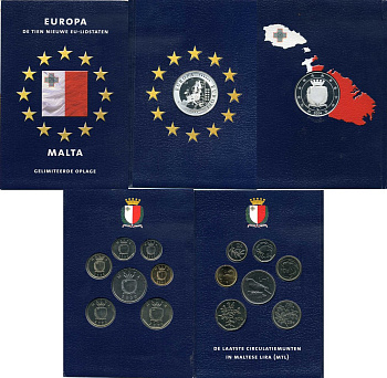 Мальта набор из 7 монет + медаль 1998-2004 медаль серебро 2004 Европа, PROOF, в оригинальном буклете UNC 4-4-1-46