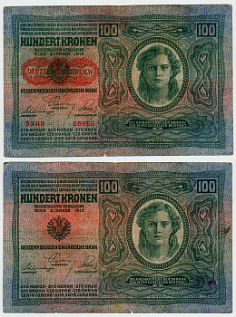 Австрия 100 крон 1912 (1919) красная надпечатка на Pick 12, на аверсе Pick 56 a бумага 6294-29-1