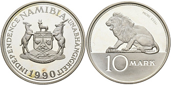 Намибия 10 марок 1990 ISSAE PROBE, лев серебро PROOF 04-316-31