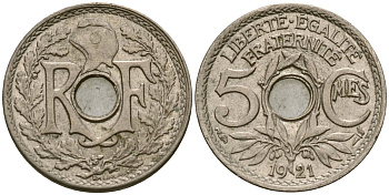 Франция 5 сантимов 1921 KM 875 медно-никель 4164-257