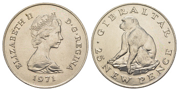 Гибралтар 25 пенсов 1971 Елизавета II (1952-2022), обезьяна KM 5 медно-никель UNC 00-00