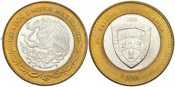 Мексика 100 песо 2005 180 лет Федерации - Чиуауа KM 754 биметалл, серебро BU 00-1067-7-43