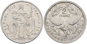 Французская Новая Каледония 2 франка 2004 птица кагу, (IEOM) KM 14, Schoen 11, Lec 68i алюминий    28-556