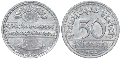 Германия 50 пфеннигов 1922 D KM 27, J. 301 алюминий aUNC 4145-1153