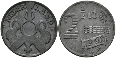 НИДЕРЛАНДЫ 2 1/2 ЦЕНТА 1941 ВИЛЬГЕЛЬМИНА (1890-1948) KM 171 цинк 176-811