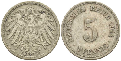 Германия 5 пфеннигов 1911 A KM 11, J. 12, Weege 6 медно-никель 206-966