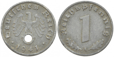 ГЕРМАНИЯ 1 РЕЙХСПФЕННИГ 1941 А KM 97, J. 369 цинк 4387-939