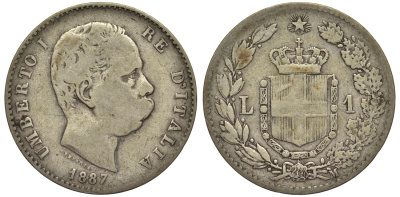 Италия 1 лира 1887 Умберто I (1878-1900) KM 24.1 серебро 27-1115