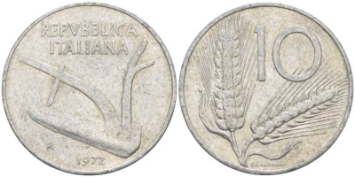 ИТАЛИЯ 10 ЛИР 1972 R, ПЛУГ, КОЛОСЬЯ KM 93 алюминий 175-422