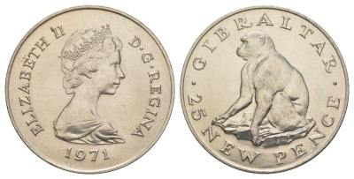 Гибралтар 25 пенсов 1971 Елизавета II (1952-2022), обезьяна KM 5 медно-никель UNC 00-00