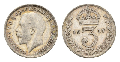Великобритания 3 пенса 1917 Георг V (1910-1936) KM 813, Spink 4015 серебро 4644-223