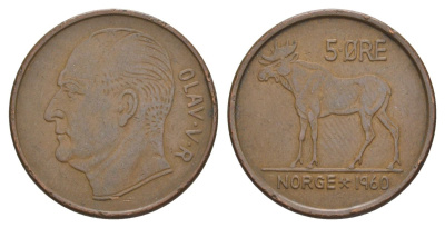 Норвегия 5 эре 1960 Улаф V (1957-1991) KM 405 бронза 4635-554