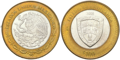 Мексика 100 песо 2005 180 лет Федерации - Чиуауа KM 754 биметалл, серебро BU 00-1067-7-43