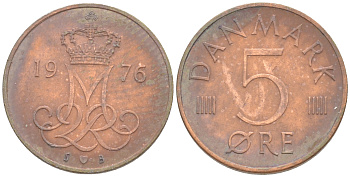 Дания 5 эре 1976 S; B, Маргрете II (1972- ) KM 859.1 железо плакированное медью UNC 187-625