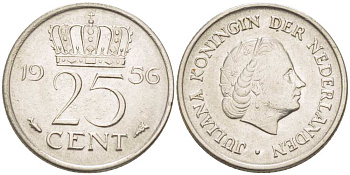 НИДЕРЛАНДЫ 25 ЦЕНТОВ 1956 КОРОЛЕВА ЮЛИАНА KM 183 никель 3955-149