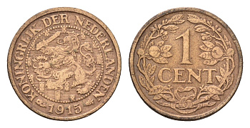 Нидерланды 1 цент 1915 Вильгельмина (1890-1948) KM 152 бронза 4627-641