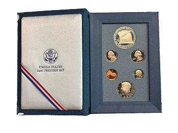 США годовой набор из 6 монет (1, 5, 10 (дайм), 25 (1/4 доллара, квотер) и 50 центов (1/2 доллара; 1 доллар) 1987 200 лет Конституции США, в оригинальной коробке, с сертификатом KM 201b, A192, 195a, 164a, A202b и 220 PROOF 3-5-2-05