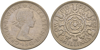Великобритания 2 шиллинга (флорин) 1955 Елизавета II (1952-2022) KM 906, Spink 4146 медно-никель 4367-1246