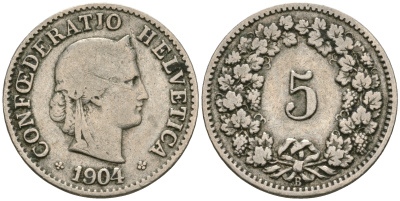 Швейцария 5 раппенов 1904 KM 26 медно-никель 4608-1017