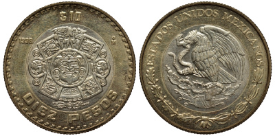 Мексика 10 песо 1998 Мо, бог Тонатиуха с огненной маской KM 616 биметалл XF 215-1022