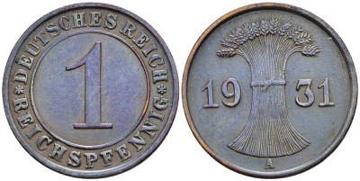 Германия 1 рейхспфенниг 1931 A KM 37, J. 313, Weege 2 бронза 4547-154
