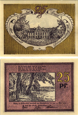 ФЮРСТЕНБЕРГ 25 ПФЕННИГОВ 1922 НОТГЕЛЬД, 31 МАЯ 1922, ЗЕМЛЯ БРАНДЕНБУРГ Grabowski 402.15 бумага 8608-11-3-2