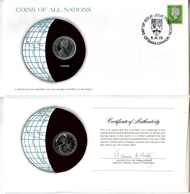 Канада 25 центов 1979 конверт с маркой первого дня гашения, Coins of Nations KM 74 никель UNC 4295-9-3
