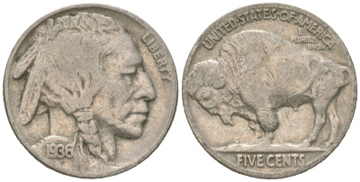 США 5 центов 1936 индеец, бизон KM 134 медно-никель 4614-1232