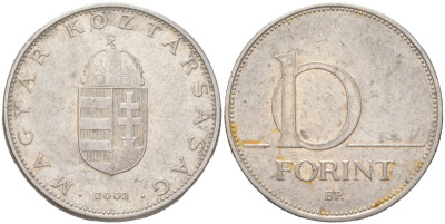 Венгрия 10 форинтов 2002 BP KM 695 латунь плакированная медно-никелем 4143-626