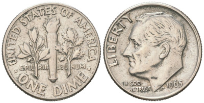 США 10 центов (дайм) 1965 Рузвельт KM 195a медь плакированная медно-никелем 192-1057