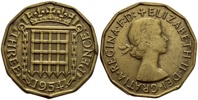 Великобритания 3 пенса 1954 Елизавета II (1952-2022) KM 900, Spink 4153 никель латунь 4393-417