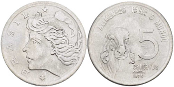 Бразилия 5 сентаво 1975 ФАО, зебу KM 587.1 нержавеющая сталь 4514-425